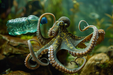Fototapeta premium A large octopus is holding a plastic bottle in its mouth, generative ai image.