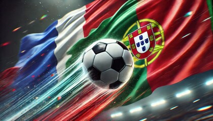 Fototapeta premium A dynamic soccer ball flies in the air with two separate flags in the background, one of France on the left and one of Portugal on the right. The soccer ball is prominently in focus, with a motion blu