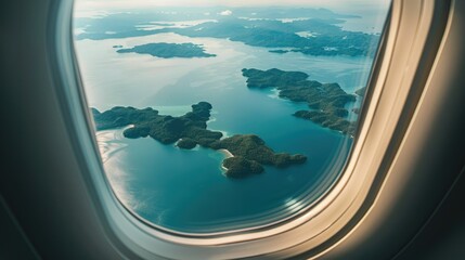 Fototapeta premium View out of airplane window of a serene ocean with islands dotting the water