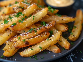 Truffle Parmesan fries with a sprinkle of parsley, served on a stylish black plate with a side of aioli