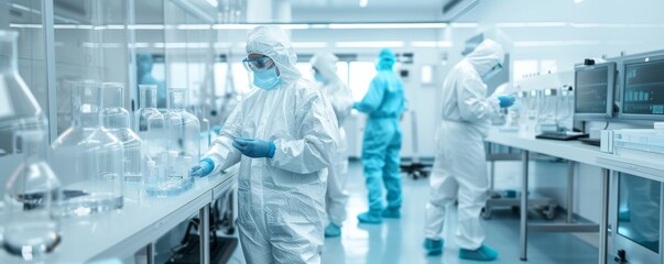 Modern Sterile Clean Room for Pharmaceutical Manufacturing with Workers in Protective Suits