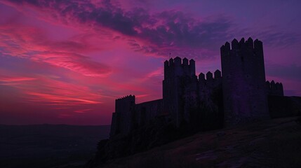 Fototapeta premium An ancient castle on a hill at twilight, with its towers and battlements silhouetted against a sky ablaze with sunset colors, creating a dramatic and enchanting atmosphere
