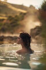 Fototapeta premium A beautiful woman bathe in a natural hot springs with steam rising, with a softly blurred background of rocky terrain and greenery. 
