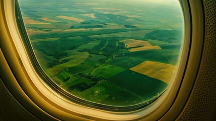 Fototapeta premium Aerial perspective from airplane window of green fields stretching to the horizon