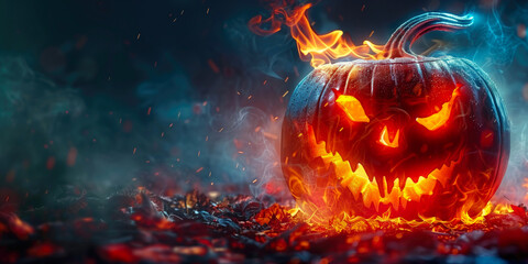 Fiery Halloween pumpkin with a menacing grin, surrounded by flames and smoke. Spooky and intense atmosphere of Halloween, holiday promotions, horror-themed events, and seasonal decorations.