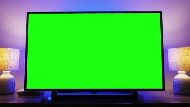 LcD smart TV screen with a blank green background in the living room. Chroma key screen for advertising.