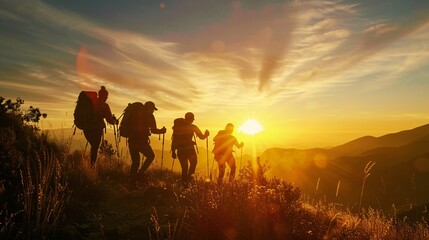 Fototapeta premium Hikers silhouetted against a sunrise on a mountain trail
