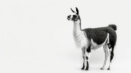 Fototapeta premium Black and white llama standing upright, isolated on a white background, showing its full body