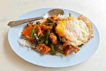 Stir-fried pork with curry paste and fried egg on rice