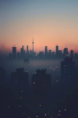 Fototapeta premium A city skyline silhouetted at dawn, with a softly blurred background of the first light breaking over buildings. 