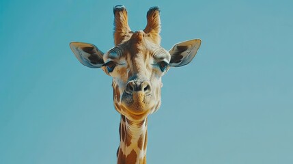 Naklejka premium Detailed view of a giraffe face and neck against a pristine blue sky in Africa