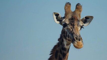 Naklejka premium Detailed shot of a giraffe's head with a clear blue sky in the African background