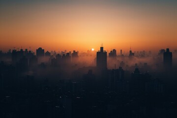 Fototapeta premium A city skyline silhouetted at dawn, with a softly blurred background of the first light breaking over buildings. 