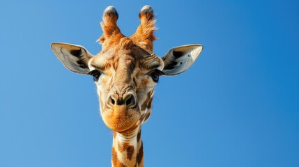 Naklejka premium Detailed shot of a giraffe face against the bright blue sky of the African savannah