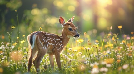 Fawn playing in a sunlit meadow, surrounded by wildflowers in its natural environment
