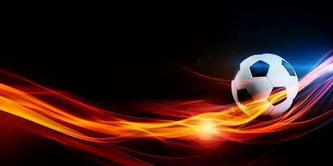 Fototapeta premium Neon colorful banner with soccer ball and sparkling trail in German colors on black background with copy space. For graphics, advertisements.Summer Olympic Games in France
