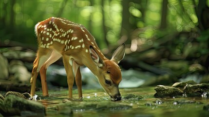 Fawn drinking from a forest stream, highlighting the natural behavior of wildlife
