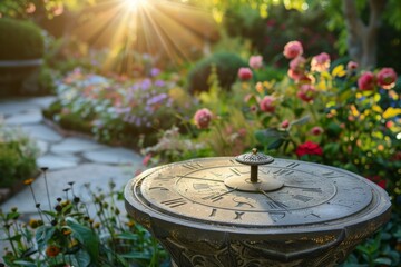 A classic sundial in the center of a garden, with a softly blurred background of flowers and shrubs. 