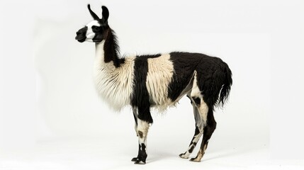 Full-body image of a black and white llama standing, highlighting its distinctive fur against a white background