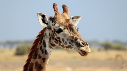 Obraz premium Giraffe head and neck in close-up, with the expansive blue sky of Africa in the background