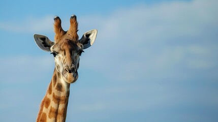 Naklejka premium Giraffe head and neck in close-up, with the expansive blue sky of Africa in the background