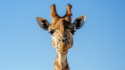 Fototapeta premium Giraffe head shot with a clear blue African sky, highlighting its distinctive features