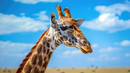 Obraz premium Giraffe neck and head in detail with a vivid blue sky in the African savannah