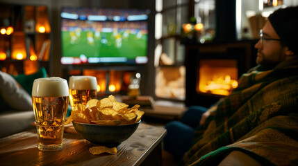 Fototapeta premium Close-up image of two mugs of beer and chips with TV soccer football match in the blur background. For sports event poster, banner design, website blogs, sportbar decor. International Beer Day. Soccer