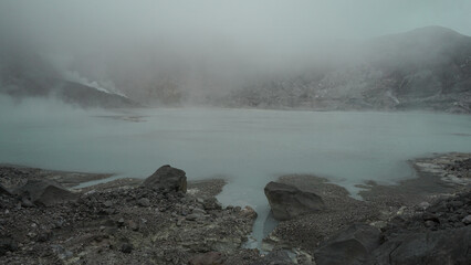 View of Sorikmarapi volcanic crater lake, North Sumatra, Indonesia.