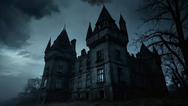 dark, foreboding castle sits under a stormy night sky, with its windows glowing ominously. Barren trees surround the castle, adding to the spooky and mysterious atmosphere