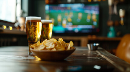 Naklejka premium Close-up glass of beer stand on the table at the blur TV soccer match bokeh background. Background for sports event poster, banner design, website banners. International Beer Day, Olympic Games 