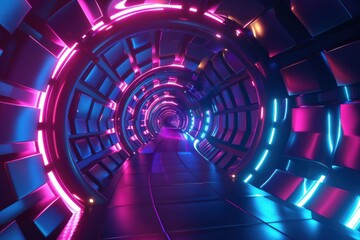 Futuristic Sci-Fi Tunnel with Glowing Neon Lights, ideal for backgrounds related to gaming, technology, cyberpunk, and the metaverse.