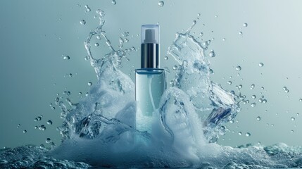 Realistic water spray effect from a cosmetic mist bottle, captured in mid-air with a clear backdrop
