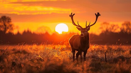 Stag silhouetted against the setting sun, standing in an open field in its natural habitat