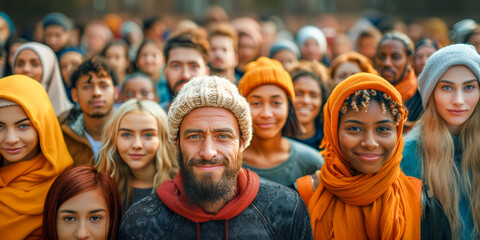 A diverse group of people stand together outdoors, smiling and looking at the camera. The crowd is filled with people of different ages, races, and ethnicities, all wearing casual clothing
