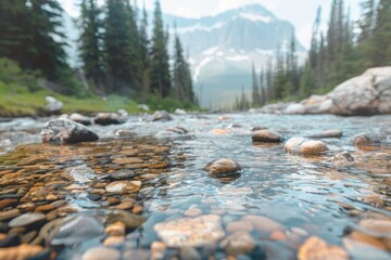 A clear mountain stream with pebbles, with a soft background of tall pines and rugged terrain.