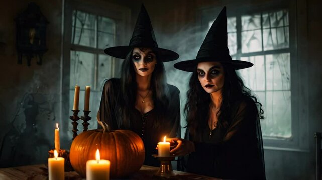 Two witches in dark costumes and hats stand at a table surrounded by glowing candles and orange pumpkin preparing a potion or casting a spell in a dimly lit, eerie room