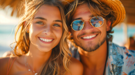 A young couple smiles brightly for the camera, their faces lit by the golden glow of the afternoon sun