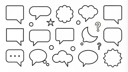 Obraz premium A minimalist vector illustration featuring a comprehensive set of blank speech marks, inverted commas, and speech bubbles in black outline.