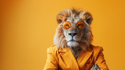 A lion wearing a yellow suit and round sunglasses, looking directly at the camera, poses in front of an orange background