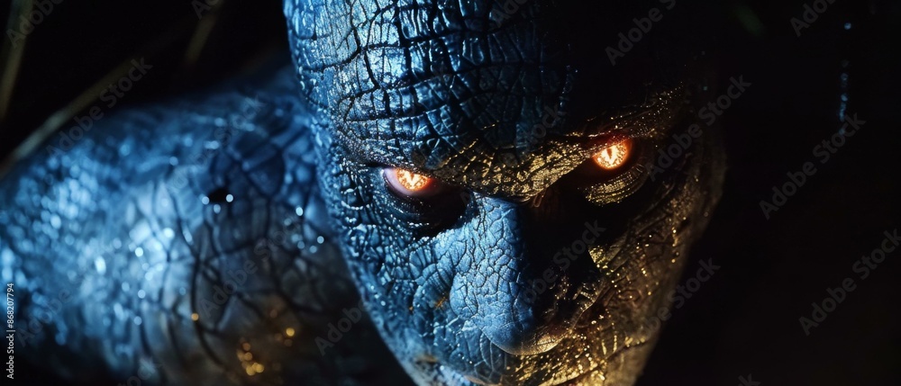 Poster close-up of a scaly monster with glowing yellow eyes. ai.