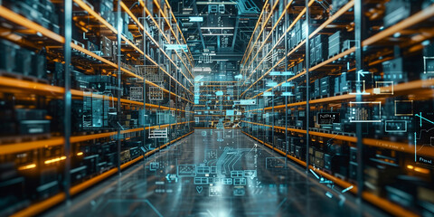 A futuristic depiction of a data warehouse, with rows of servers and data visualizations in a 3D rendering