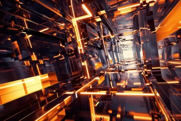 Futuristic Metallic Corridor with Glowing Orange Lights. A 3D Rendered Abstract Background.