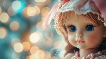 Fototapeta premium Adorable Kid Doll with Sparkling Bokeh Light Background