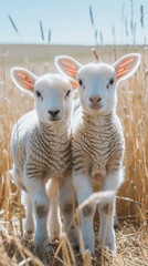 Obraz premium Two cute lambs standing in a field of wheat. AI.