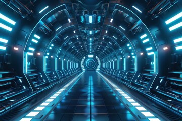 Futuristic Sci-Fi Spaceship Corridor with Blue Lights. A 3D Render