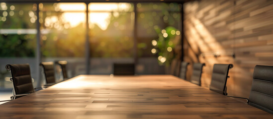 modern conference table in office room with wood paneled walls
