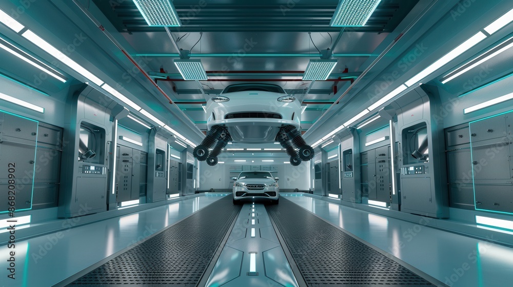 Poster Sleek and modern automotive paint shop featuring robotic painting systems, showcasing the efficiency and precision of automated painting processes. Generative AI