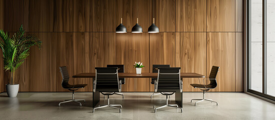 modern conference table in office room with wood paneled walls