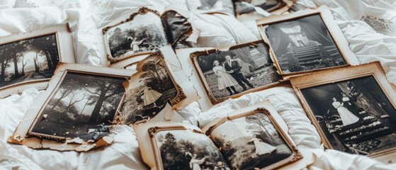 A collection of old, damaged, and torn black-and-white photographs. AI.